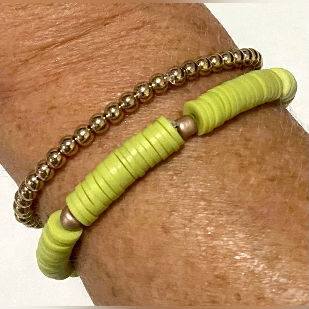 Green Gold Clay Heishi Beaded Bracelets Boho Y2K Eclectic Summer Beach Preppy - Picture 7 of 7
